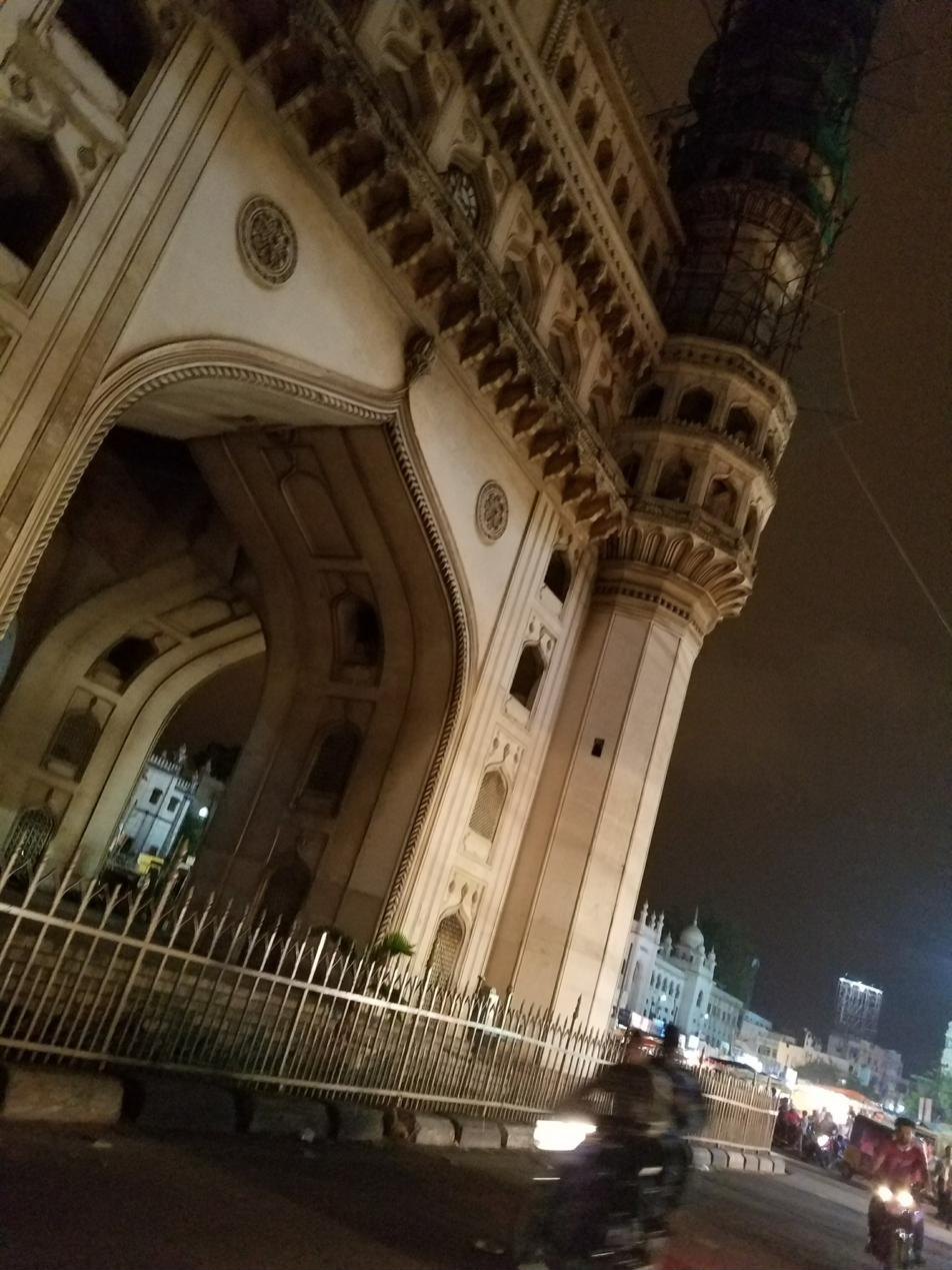 The Charminar monument in Hyderabad, lit at night